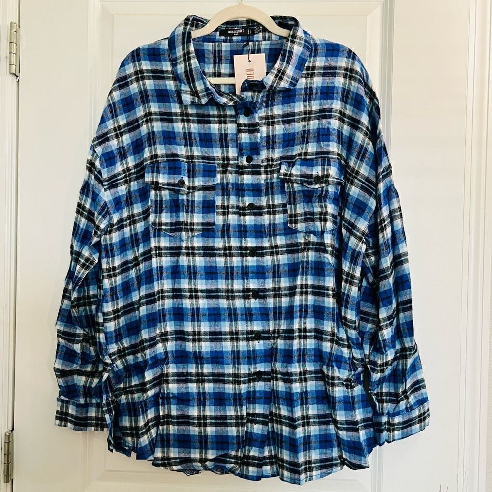 Misguided Plus Blue & Black Checkered Womens Long Sleeve Shirt Size 12